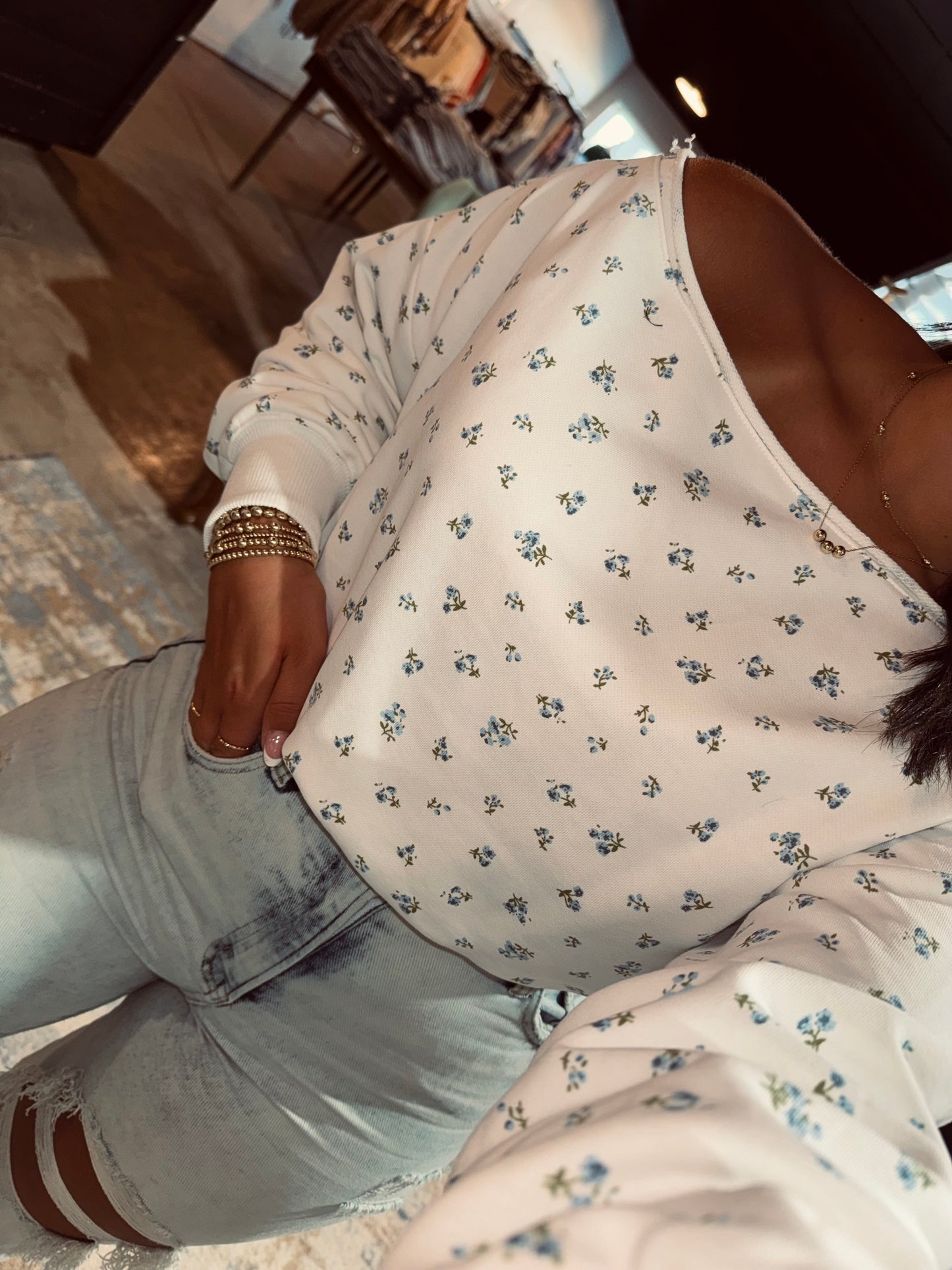 Floral Off Shoulder Crewneck