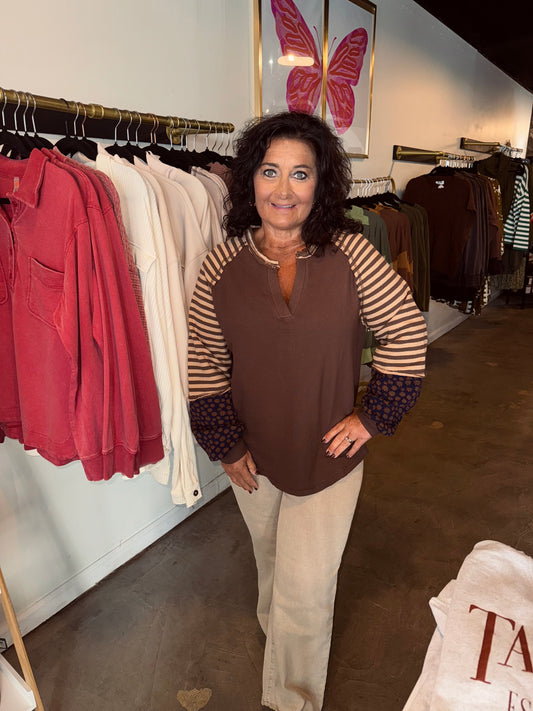 Floral & Stripe Mocha Top